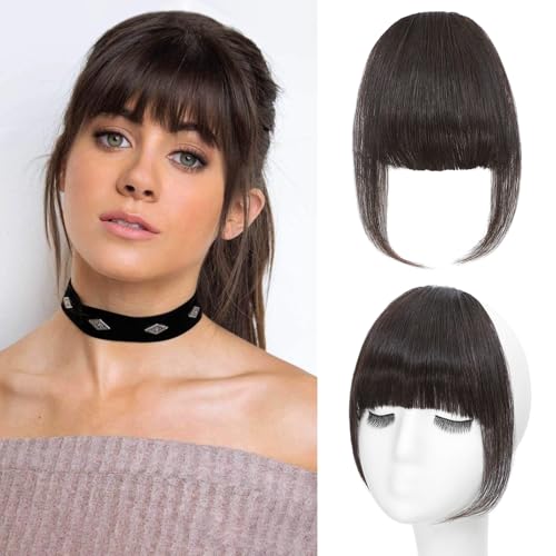 Carendia Bangs Hair Clip Human Hair Dark Brown French Bangs for Women Fringe with Temples Hairpieces Clip on Bangs for Daily Wear (Dark Brown, French Bangs)