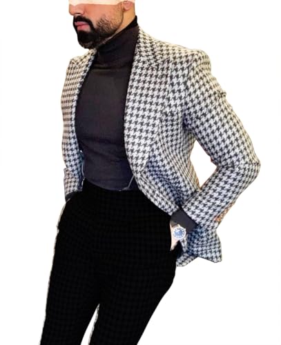 Premium Mens Big Pattern Houndstooth Dogstooth Plaid Slim Fit Tuxedo Prom Wedding Sport Coat2