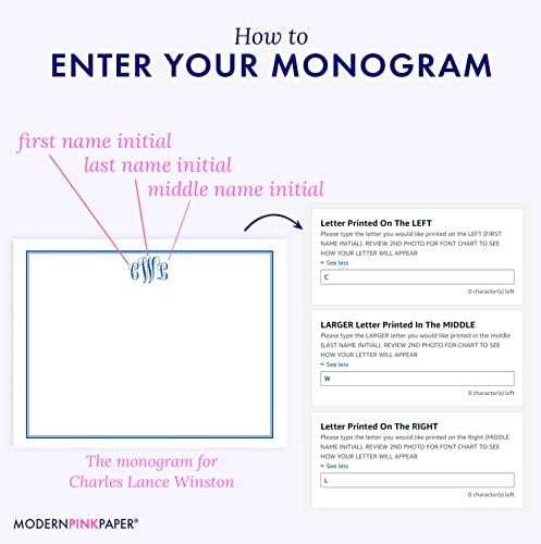 Modern Pink Paper 3 Letter Monogram Stationery Set For Men Or Women Flat Note Cards thumb #3
