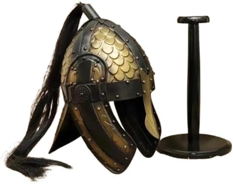 Viking Dragon Scale Helmet 18G Steel Black Gold Horsehair Plume LARP Cosplay