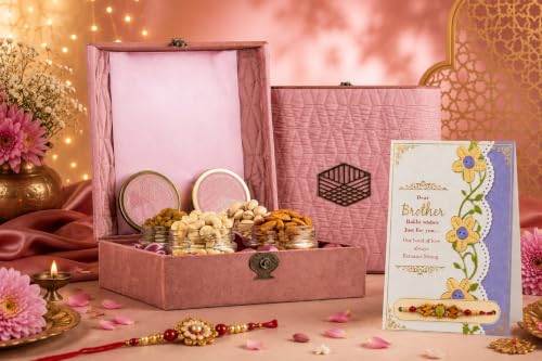 Image of Browntree Dry Fruits Rakhi Gift Hamper Pink Fancy-4P (700g) |Rakhi Hamper for Brother| |Cashewnut, Almond, Raisins & Pista | Premium Box with Glass Jars| Healthy Dry Fruit Box for Corporate Gifts & Festive Gifting | Ideal Gift box for All Celebration