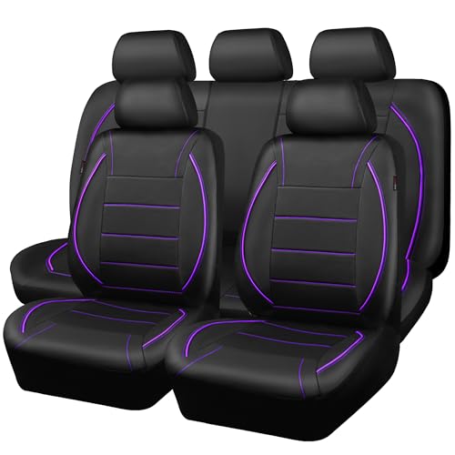 CAR PASS Piping PU Leather Car Seat Cover Inside Zipper Design and Reserved Opening Holes Airbag Compatible Universal FIT for Car SUVs Van Trucks Full Set Black & Purple