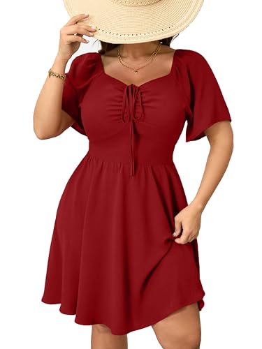 Image of RWJ Women Plus Size Summer Dress Short Sleeve Tie Front Sweetheart Neck Casual Mini Wedding Guest Dresses 2025