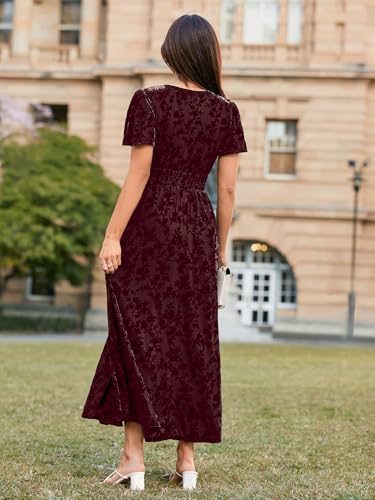 Image of Simplee Women's Velvet Maxi Dress V Neck Short Sleeve Empire Waist Semi Formal Long Cocktail Dresses