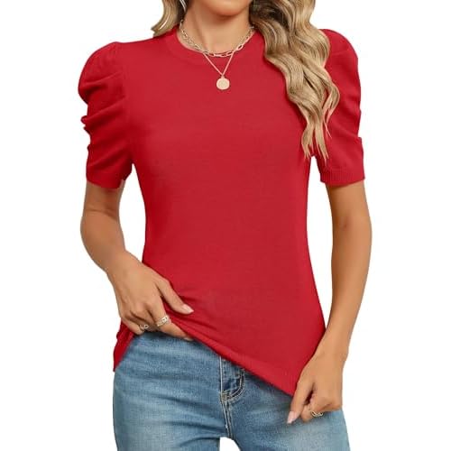 AKEWEI Puff Short Sleeve Sweater for Women Tops Trendy Spring Summer 2025 Business Casual Outfits Knit Crewneck Shirt Blouses