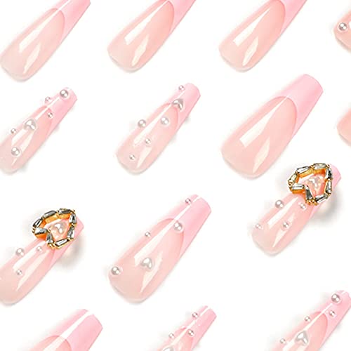 Misud Coffin Press On Nails Long Ballerina Fake Nails Glossy Glue On Nails Pink French Tip Acrylic Nails 3D Heart Rhinestones Pearl Design False Nails 24 Pcs #TOP3