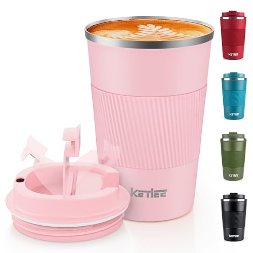 KETIEE Kaffeebecher to go,380ml Thermobecher Kaffee-to-go,Kaffeebecher Thermo,Doppelwandig Reisebecher Travel Mug,Vakuum Isolierbecher mit auslaufsicherem Deckel für Kaffee und Tee,Rosa 1