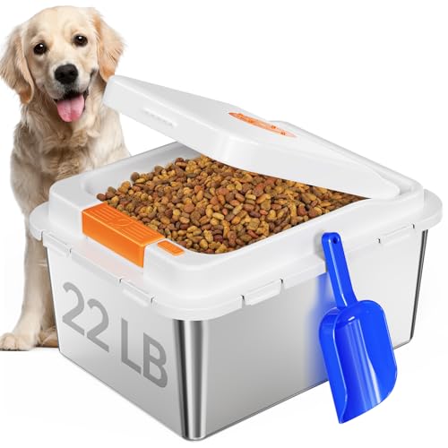 Zestgrow Stainless Steel Dog Food Storage Container 22LB Airtight Pet Food Bin with One-Touch Lid Large Capacity Metal Storage for Dog & Cat Food Keeps Food Fresh Odor-Proof & Easy to Clean