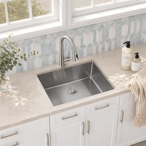 Image of 24 x 19 Inch Undermount Kitchen Sink, 16 Gauge Stainless Steel Single Bowl Under Counter, 24 inchx19 inchx9 inch Small Wet Bar Sink for Laundry Utility & RV with Drain