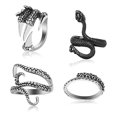 Favengo 4 Pcs Vintage Punk Rings Octopus Tentacle Rings Dragon Claw Rings Snake Rings Gothic Finger Rings Adjustable Metal Rings Retro Punk Rings Jewellery Accessories for Men, Women and Rockers Cover