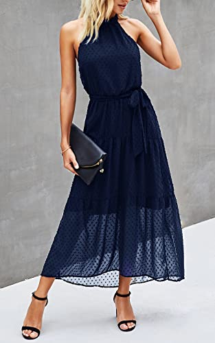 Image of PRETTYGARDEN Women's Halter Neck Floral Long Maxi Dress Casual Sleeveless Backless Dresses Loose Ruffle Sundress with Belt