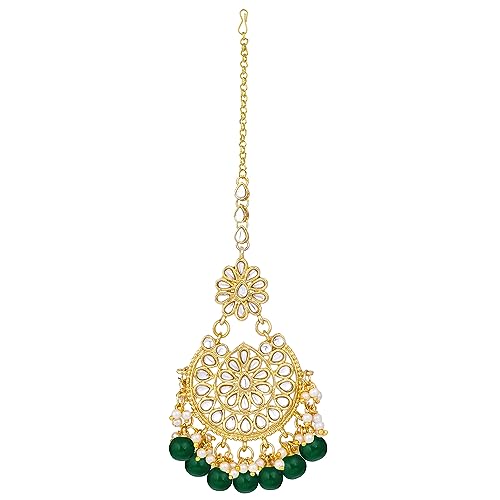 Image of Peora Kundan & Beads Studded Necklace Earrings & Maangtikka Set Ethnic Jewellery for Women & Girls
