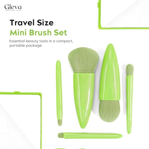 Image of Gleva Travel Size Mini Makeup Brushes Set with Mirror Small Complete Function Cosmetic 5 Pcs Brushes Kit Case Apply to Face Foundation Powder Concealers Eyebrow Eyeshadow (Green)