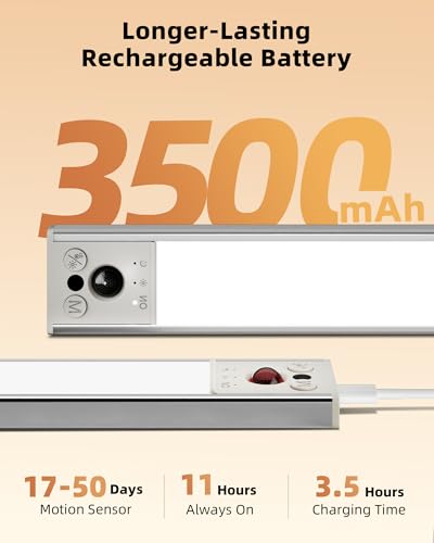 Image of EZVALO 14.5inch Under Cabinet Lighting, 2 Pack 3500mAh Rechargeable Motion Sensor Light Indoor with 3 Color Temperatures, Dimmable & Magnetic Closet Light, Wireless Counter Lights for Kitchen, Stairs