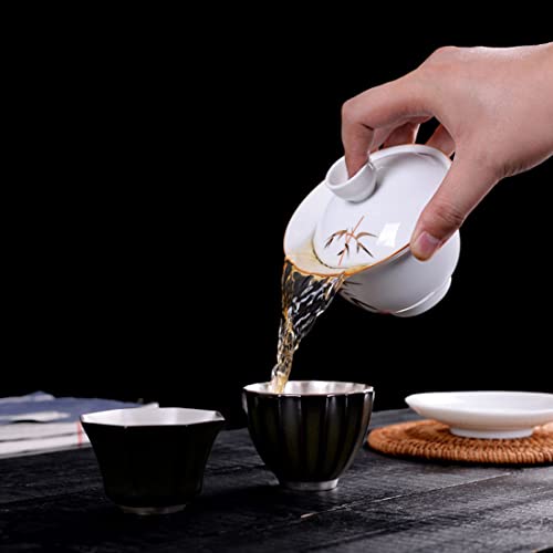 Image of Liang baobao Porcelain Gaiwan 8oz Teacup White Glazed Tureen Chinese Sancai Cover Bowl Lip Cup Saucer Set (Bamboo)