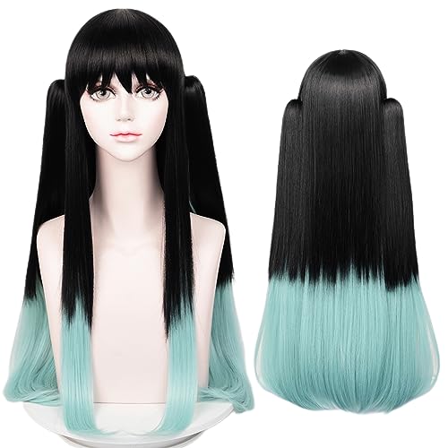Max Beauty Anime Black & Blue Cosplay Wig for Men, Long Straight Hair Daily Wig for Cosplay Synthetic Hair for Halloween Costume Party Hair Wig + Cap