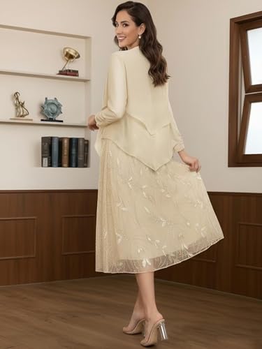Image of 2 Pieces Mother of Bride Dresses with Jackets - Sequin Lace Chiffon A-Line Tea Length Formal Evening Dresses for Women