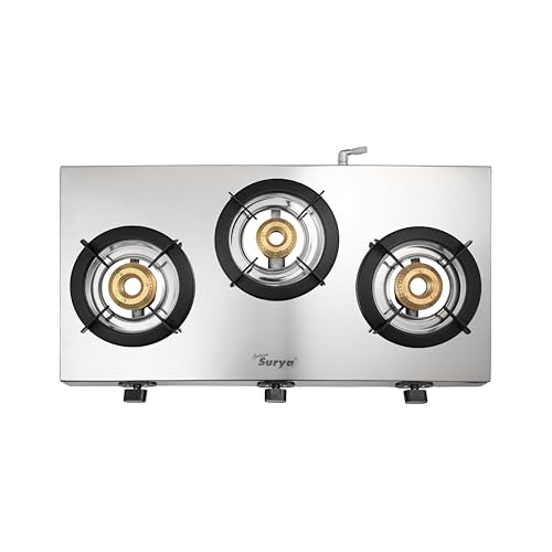 Image of Golden Surya Omega 3 Burner Stainless Steel Gas Stove | 5G Forged Brass Burners | Ultra Slim Body | Heavy MS Pan Supports | Manual Ignition | 18 Months Warranty