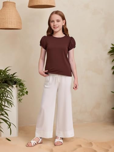 Image of Huata Girls Short Puff Sleeve Tee Basic T-Shirt 2 Packs Crewneck