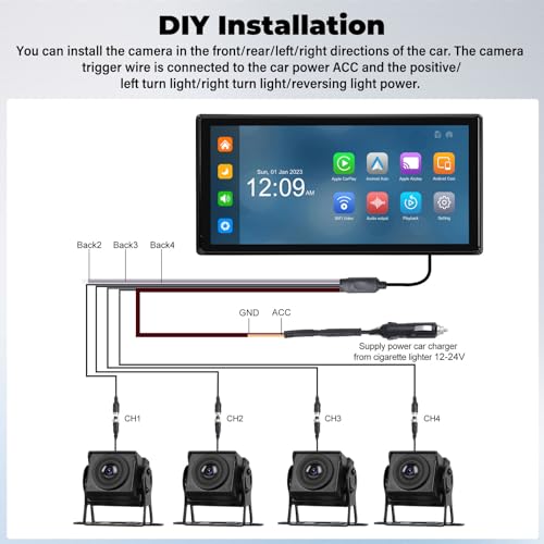 Image of 1080P 4K RV Backup Camera System Portable Wireless Apple Carplay /Android Auto Mirror Link Smart Player 10.36 inch Touchscreen Reverse Monitor DVR Loop Recording 4 Split Screen Bluetooth USB TF