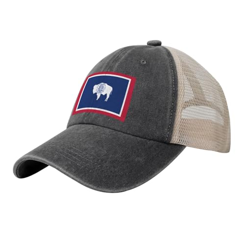 YMLHAQ Wyoming State Flag Mesh Trucker Hat Mesh Snapback,Trendy Cowboy Cap for Sports and Headwear Black