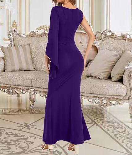 Image of Women's Elegant One Bell Sleeve Side Split Bodycon Long Formal Evening Dress