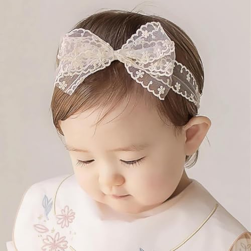 Baby Girls Bow Lace Headband Cute Soft Hairband White Butterfly Knot Headbands for Newborn Infants Toddlers Kids Christening Baptism Birthday Party Hair Accessories（Beige）