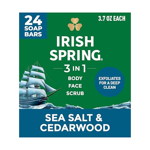 Image of Irish Spring 3-in-1 Men's Bar Soap Sea Salt & Cedarwood, Exfoliating Deep Clean Body Soap Bar and Face Cleanser, 3.7 oz Soap Bars, 24 Pack