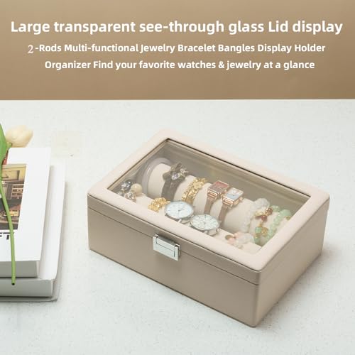 XHMQYC Bracelets Organizer Rods Bangles Display Holder, Clear See through Lid Leather Velvet Jewelry Storage Box Case for Women, 2 Rods Apricot Leather by XHMQYC - Used condition - Image 7