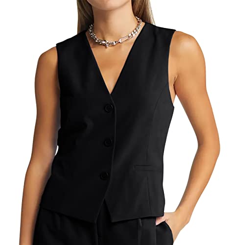 GAMISOTE Women Buttons Vest Crop Vintage Sleeveless V Neck Elastic Chiffon Waistcoat