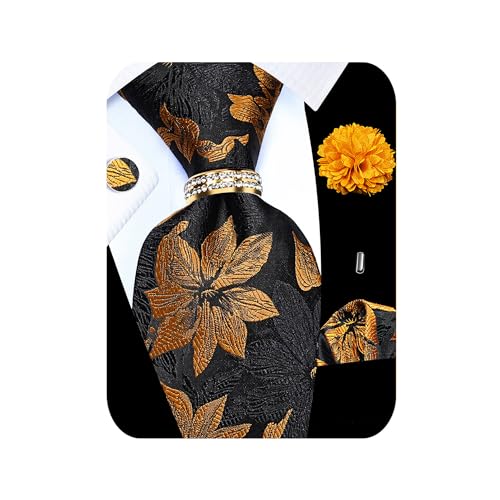 Image of 5PCS Tie and Pocket Square for Men, Silk Necktie and Handkerchief Cufflinks with Gold Ring and Lapel Pin Set