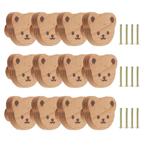 GOMETY 12 Pièces Boutons de Tiroir en Bois Forme d’Ours Poignées de Meubles en Bois Naturel pour Armoire Commode Tiroir Chambre d’Enfant Cuisine...