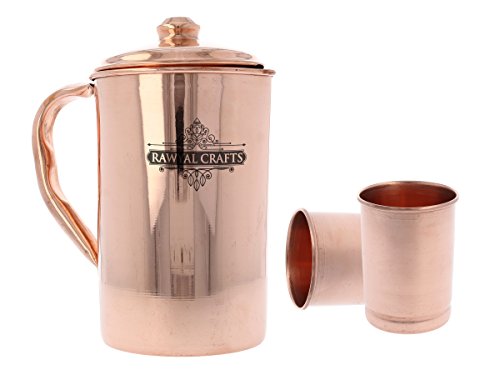 RawyalCrafts 100% Pure copper Handcrafted Pitcher/Jug 50 Oz/1.5 Liters for Ayurveda Health Benefit with Set of 2 Copper Water Glasses