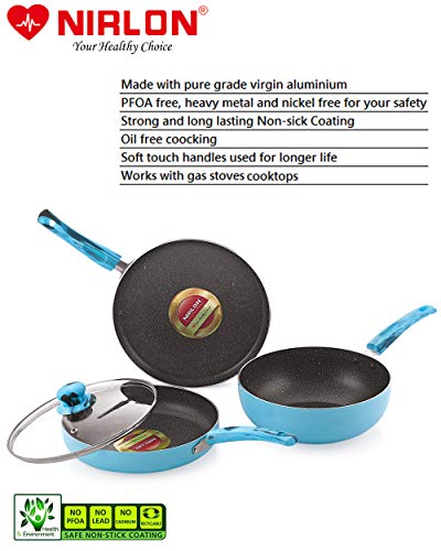 Image of Nirlon Blue Sea 4-Piece Aluminium Non Stick Cookware Gift Set with Glass Lid, Color-Blue (Compatible with All Gas & stovetops Only)