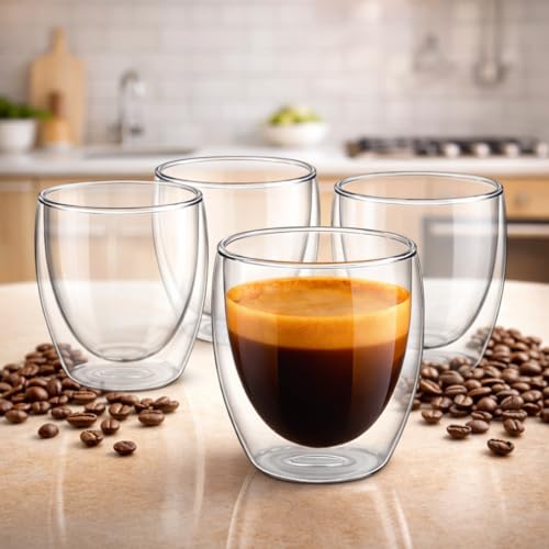 Conjunto 4 Xícaras de Vidro Borossilicato 180ml Parede Dupla – Copos Térmicos para Café, Espresso, Cappuccino e Chá – Isolamento Térmico, Resistente ao Calor, Bebidas Quentes e Frias