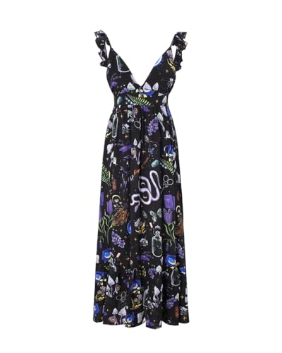 Image of Womens Summer Dresses Mystical Gothic Maxi Dress Women's Casual V Neck Sleeveless Sundresses Beach Outfits for Woman, Large Black