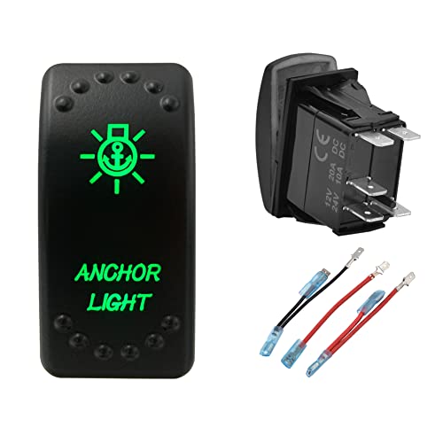 Image of Green Backlit Rocker Switch 5 Pin ON-Off Laser Etched Button Switch with Wires for Car Marine Boat UTV 20A /12V 10A /24V (Anchor Light)