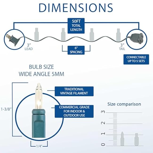 Novelty Lights 50 Feet 100 Bulbs Traditional Incandescent Mini Lights, Red on Green Wire with 6 Spacing, Commercial Grade and UL Listed for Indoor/Outdoor Use, End-to-End Connectable