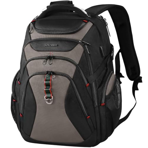 Image of KROSER Travel Laptop Backpack 17.3 Inch XL Computer Backpack with Hard Shell Saferoom RFID Pockets Water-Repellent Business College Daypack Stylish Bag for Men /Women-Black Light Browm