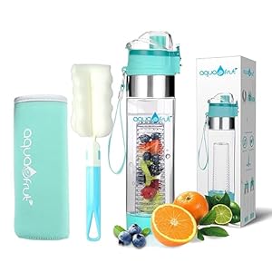 NEW AquaFrut Bottom Loading Fruit Infuser Water Bottle Complete Bundle Includes Bottle Brush, Insulating Sleeve & Infusion Recipe eBook. Leak Proof Sweat Proof BPA-Free (Teal)