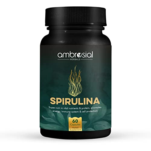 Ambrosial Spirulina Capsule High Strength 500 mg EACH Capsule | Certified Spirulina Tablets for Energy, Immunity, and Weight Management | Richest Source of Protein | 60 Veg Capsules