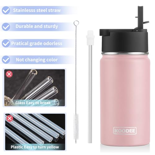 Image of koodee 12 oz Stainless Steel Water Bottle, Double Wall Vacuum Insulated Wide Mouth Flask with Wide Handle Straw Lid (Light Pink)