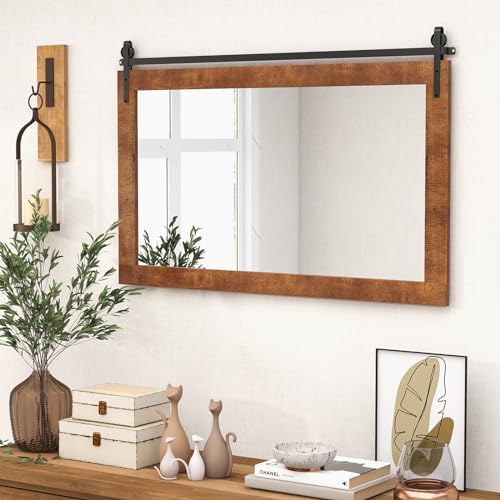 CHARMAID Farmhouse Wall Mirror, 40" x 26" Barn Door Style Wall Mounted ...