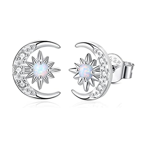 YZSFMZGE Moon and Star Earrings 925 Sterling Silver Opal Stud Earrings for Women Hypoallergenic Sun and Moon Earrings Crescent Moon Star Jewelry Gift for Women for Sensitive Ears Cover
