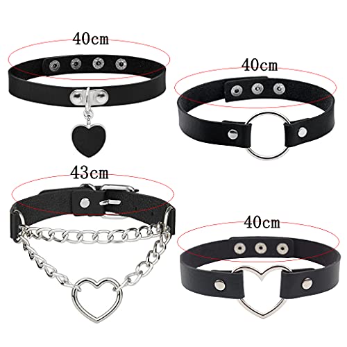 Conruich 4 Stück Leder Choker Damen Herz Anhänger Choker Einstellbar PU Leder Halskette Set Metall Ring Halsband Schwarz Punk Rock Gothic Halsband Kragen mit Kreis Herz für Frauen Zubehör