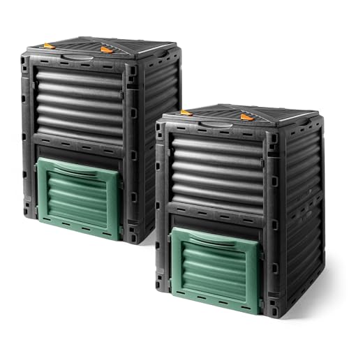 Kunststoff Kompostierer 83 x 61 cm schwarz - 2er Set - Komposter 300 L mit Deckel und Entleerungs-Luke - Garten Abfall Bio Müll Kompost Behälter