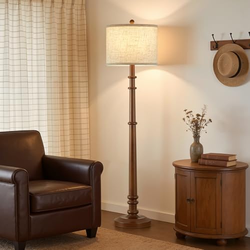 Image of Floor Lamps for Living Room - 60 inch Farmhouse Floor Lamp with Adjustable Color Temperatures - Vintage Standing Lamp Reading Light with Linen Shade Rustic Tall Lamp for Bedroom Office, Dining Room, Wood
