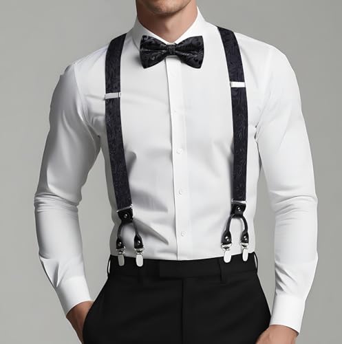Image of Dubulle Suspender and Bow Tie for Men Paisley Solid Mens Suit Braces Pretied Bowtie and Handkerchief Cufflinks Formal Wedding
