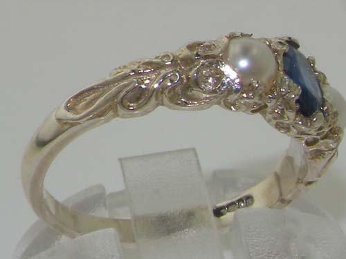 LetsBuyGold 925 Sterling Silver Real Genuine Sapphire and Cultured Pearl Womens Band Ring3