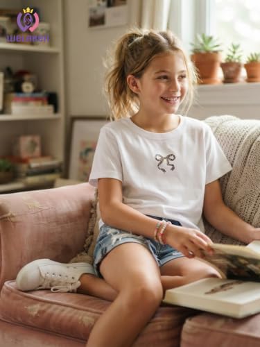 Image of WELAKEN Girls Soft T-Shirt with Curved Hem, Breathable Stretchy Rayon Crewneck Short Sleeve Tees, Kids Everyday Basic Top